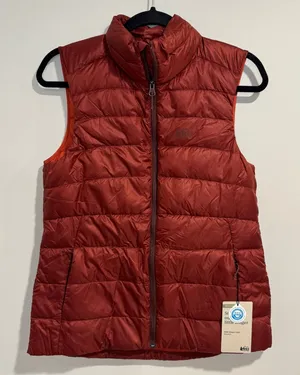 REI Womens Down Puffer Vest 650 2.0 Orange Cabin Wood Size Small Water Repellent thumbnail 1