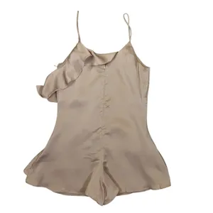 Dress Forum Beige Satin Ruffle Romper One Shoulder Flowy Chic Small thumbnail 4