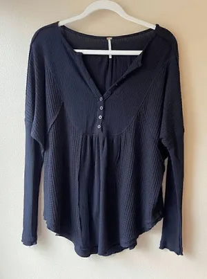 Free People Black Waffle Knit Henley Size XS thumbnail 1