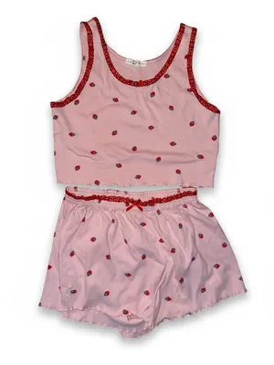 Love Peace & Lazy Days Strawberry Lace Trim Pajama Set Pink Coquette PJs Viral thumbnail 3