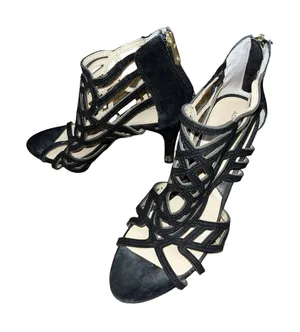 Adrienne Vittadini Caged Heels Gala Black Suede Leather Laser Cut Stiletto‎ Sz 8 thumbnail 1