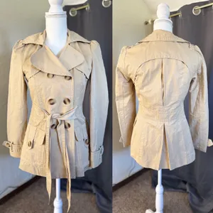Zara TRF Autumn Trench Coat S Tan Belted Puff Sleeve Y2K Parisian Utility thumbnail 2