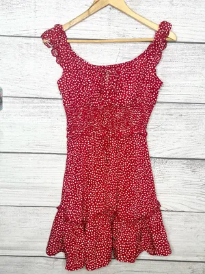 Red & White Polka Dot Smocked Sleeveless Mini Dress with Ruffle Hem Size Small thumbnail 3