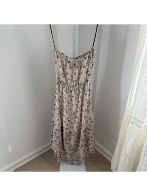 Ella Moss EUC Women's Strapless Cream Floral Gold Metallic Polka Dot Sundress S thumbnail 5