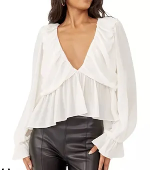 Free People White Ruffle V-Neck Peplum Blouse thumbnail 1
