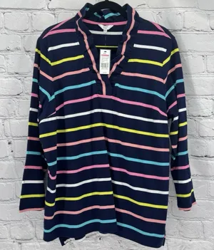 Crown & Ivy Womens Knit Top Navy Blue Stripe Ruffle Detail Preppy Coastal XXL thumbnail 1