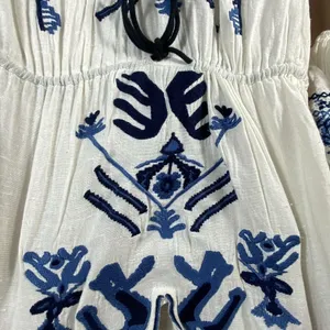 Free People Mini Dress Medium White Embroidered Blue Boho Cinch Artsy Beachy thumbnail 3