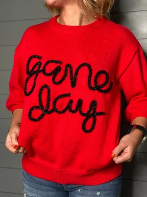 Peach Love BiBi Game Day Metallic Letter Short Sleeve Puff Sleeve Sweater Red thumbnail 1