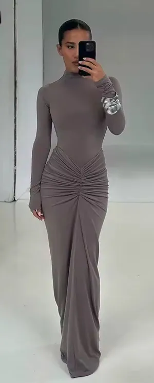 Coffee Elegant Women's Ruched Slim Waist Dress Size: S NEW thumbnail 1
