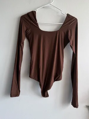 Aerie Smoothez Long Sleeve Bodysuit Cocoa Brown Square Neck M thumbnail 1