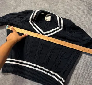 Hope & Henry Women's L Black White Cable Knit V-Neck Sweater Organic Cotton #170 thumbnail 6