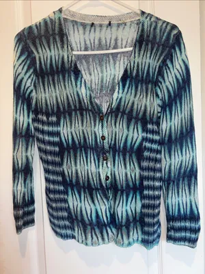 Source Unknown BLUE AND GREEN OPEN KNIT BUTTON DOWN SWEATER LINEN AND VISCOSE LIGHT WEIGHT thumbnail 2