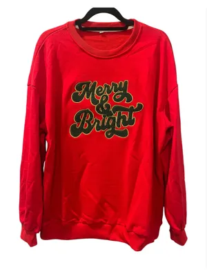 NWOT Red Merry & Bright Retro Chenille Patch Holliday Sweatshirt Large Holiday thumbnail 1