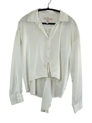Hutch Medium White Cream Satin Tie‎ Front Long Sleeve Button Down Blouse Chic thumbnail 1
