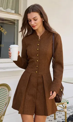 Rihoas Brown Ruched Button A-Line Mini Dress thumbnail 1