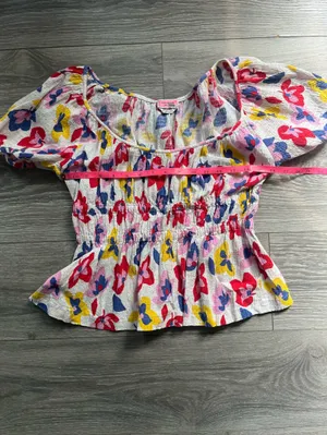 Kate Spade White Blue Floral Smocked Scoop Neck Puff Sleeve Cotton Blouse Size M thumbnail 7
