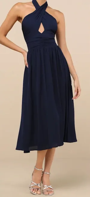 NWOT Lulus Size Small Emrah‎ Navy Blue Cross-Front Cutout Halter Midi Dress thumbnail 1