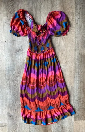 Olivaceous Retro Puff Sleeve Tie Front Smocked Midi Dress Multicolor Size M thumbnail 1