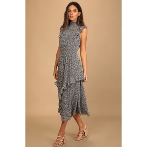 Lulus Evalina Black Floral Midi Dress XL Mock Neck Smocked‎ Waist Fairy Goth thumbnail 8