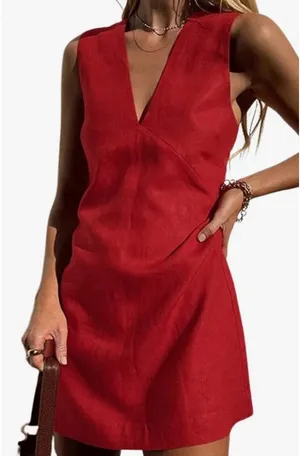 Amazon Women's Summer Sleeveless Mini Dress Cotton Linen V Neck Cinched A Line Slim Tank Short Dress thumbnail 1