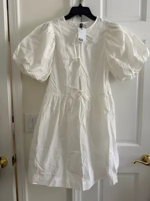 H&M White Puff Sleeve Tie Front Mini Dress thumbnail 7