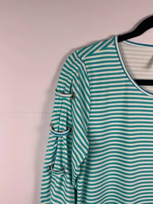 Lulu B Small Aqua Stripe UPF Top Lace Sleeve Coastal Beach Resort Cruise thumbnail 4