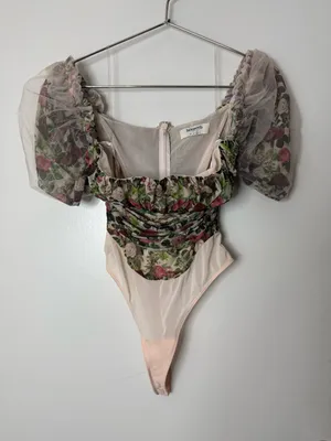 House of CB Nina Vintage Floral Gathered Mesh Bodysuit M thumbnail 2