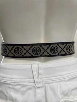 Tory Burch Black and Beige Logo Web Belt with Gold Medallion Buckle Size Small thumbnail 5