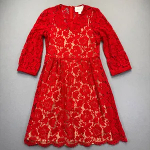 Mare Mare‎ Anthropologie Red Floral Lace Fit & Flare Dress XS 3/4 Sleeve Holiday thumbnail 1