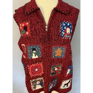 Erika VTG Ugly Christmas Sweater Vest‎ Red Size LG Embellished Zip Embroidered thumbnail 2