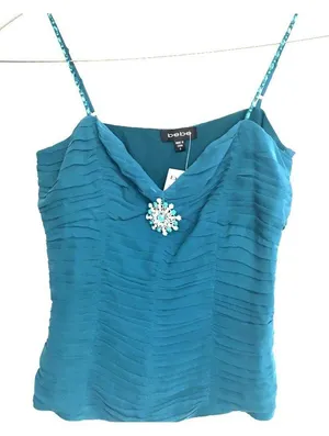 Vintage Y2K Bebe Teal Silk Pleated Cami Top Jeweled Brooch NWT Small thumbnail 1
