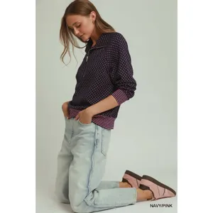 Umgee Polka Dot Half Zip Sweatshirt - Navy/Pink - Medium thumbnail 6