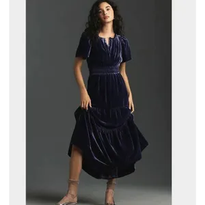 Anthropologie The Somerset Velvet Edition Dark Blue Navy Long Dress NWT Size M thumbnail 2