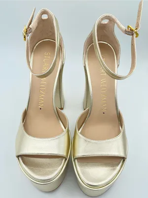 STUART WEITZMAN Skyhigh 145 Gold Metallic Leather Platform Sandals Block Heels thumbnail 8