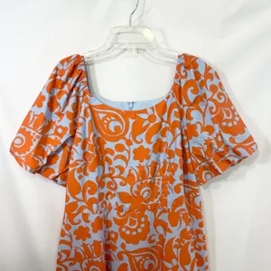 Talbots Size‎ 10 Midi Dress Puff Sleeve Poplin Floral Orange Blue Fit Flare 1526 thumbnail 6