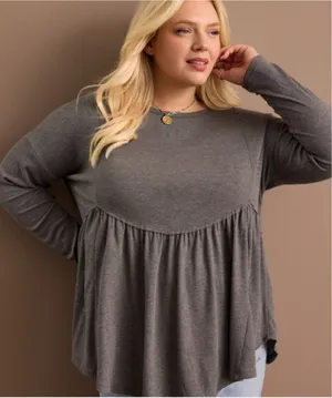 ARULA | Dark Gray Heather Waffle Scalloped Waist Babydoll Long Sleeve Top 2XL B thumbnail 1