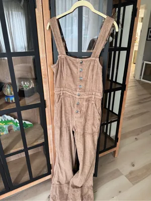Aerie Corduroy Kick Flare Overalls jumpsuit khaki wide leg cappuccino buttons thumbnail 6