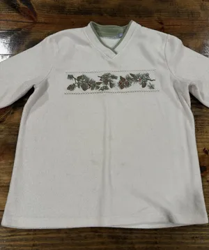 Vintage Fleece Grandma Pullover Sweater Nature Pinecones White Green Size Large thumbnail 1