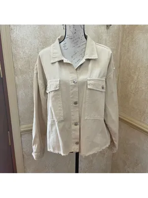 ZARA Cream Beige Cropped Frayed Hem Denim Cotton Jacket Utility Casual Boxy XL thumbnail 3