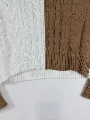 Derek Heart Women’s Small Brown Ivory Colorblock Cable Knit Cropped‎ Sweater thumbnail 8