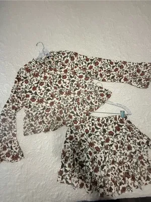 Cream Floral Ruffle Skirt Set with Brown and Green Print thumbnail 2