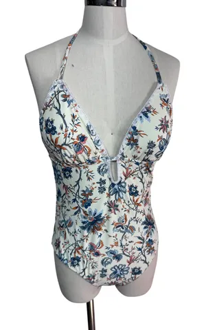 Cupshe M Cream Floral One Piece Swimsuit Halter Neck Crochet Trim Beach Swim New thumbnail 1