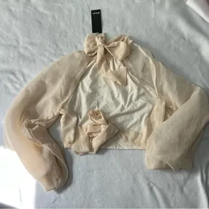 nasty gal glass fabric high neck tie back blouse cream French romance thumbnail 7