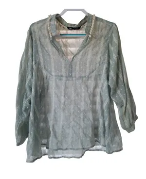 Zara Sheer Blue Embroidered Boho Blouse Womens Medium Long Sleeves Lace Details thumbnail 1