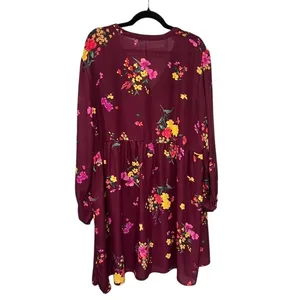 Old Navy Burgundy Floral Long Sleeve Semi-Sheer Shift Dress/Tunic Boho XXL thumbnail 2