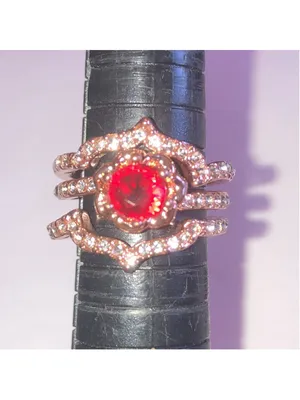 Elegant Rose Gold Tone Red Gemstone Ring Stack with Crystal Accents thumbnail 7
