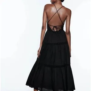 ZARA S Black Lace Midi Dress 100% Cotton Tiered Dark Romance Ruffle Sundress thumbnail 3