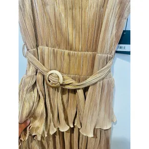 MAC DUGGAL Gold Metallic Plissé Square Neck Pleated Ruffle Belt Detail Dress 8 thumbnail 7