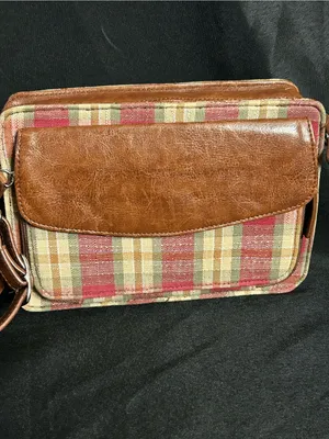 Vintage Longaberger Red, Green, Tan Plaid Crossbody Purse thumbnail 2