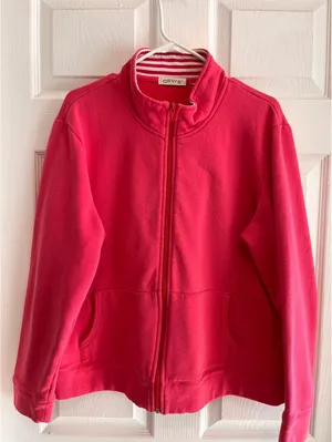 Orvis Womens Pink Full Zip Sweatshirt Mock Neck Stripe Trim XL (No Size Tag) thumbnail 1